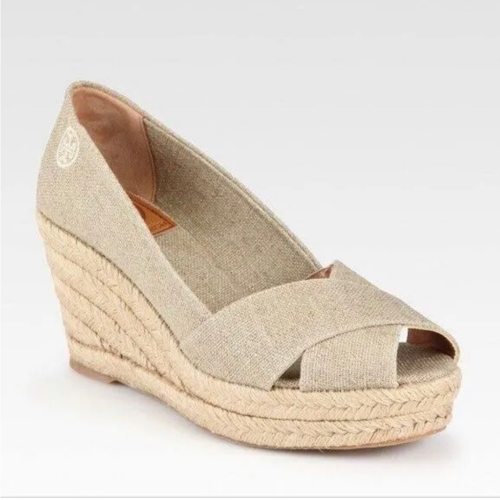 Tory Burch gold linen wedge